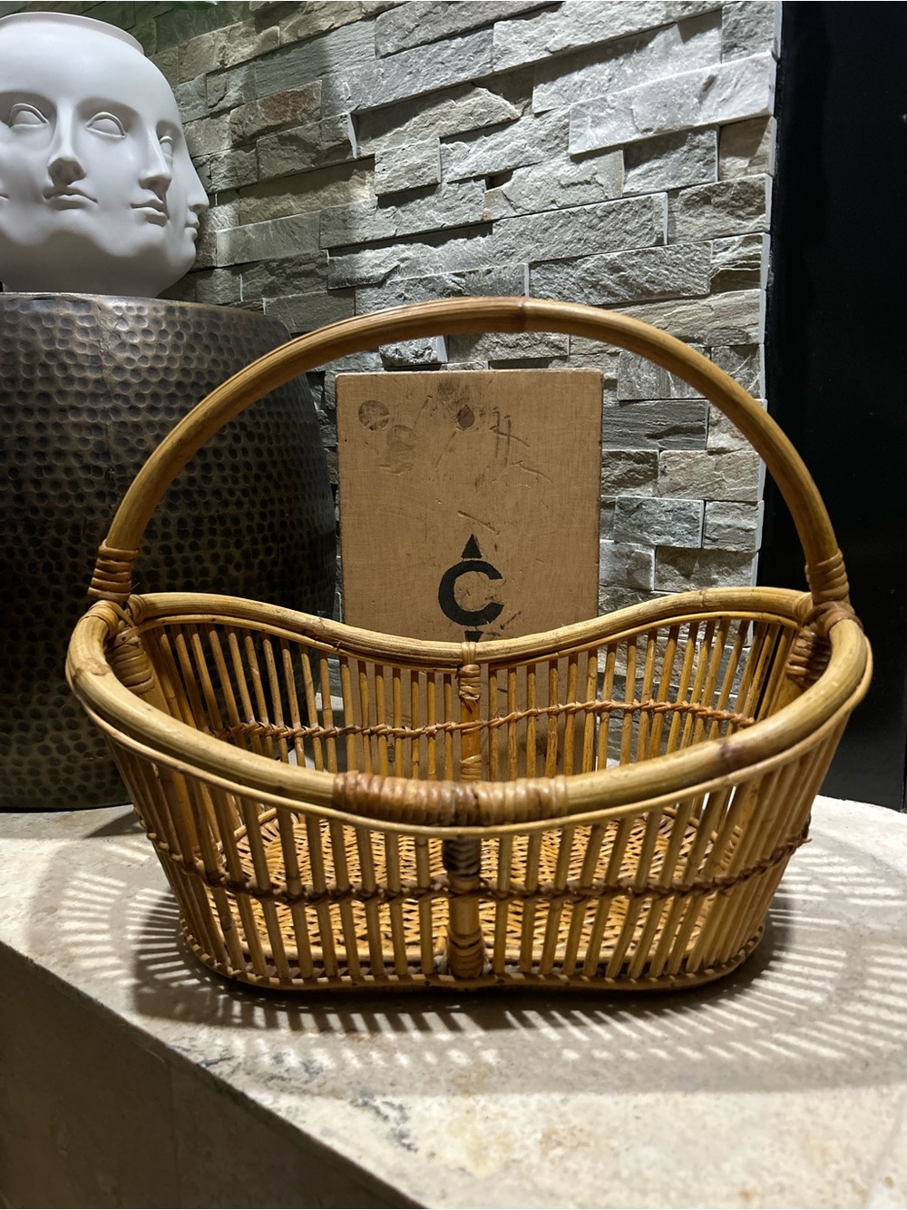 Vintage Bent Bamboo and  Natural Rattan Handled Basket